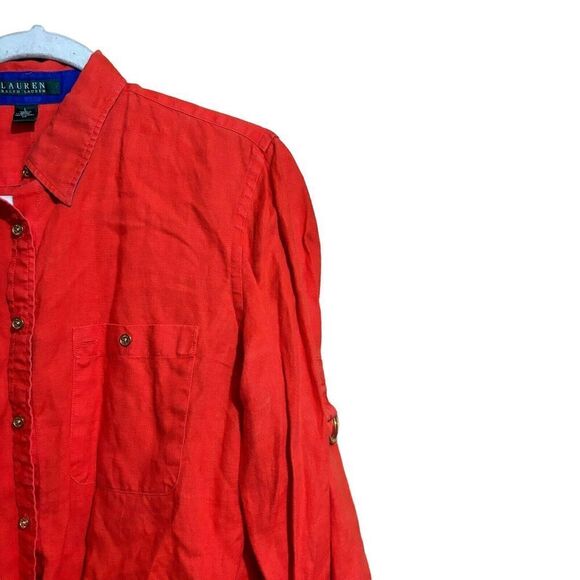Lauren Ralph Lauren Top Womens Large Orange Linen Button Up Long Sleeve Blouse - Picture 3 of 8